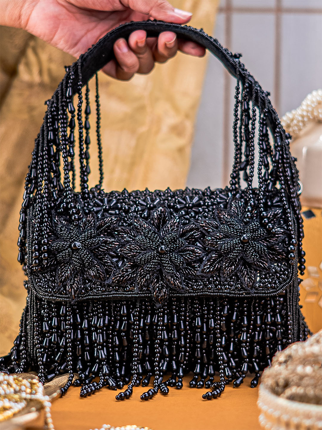 NR By Nidhi Rathi Floral Patch Embellished Shimmer Flap Bag Clutch