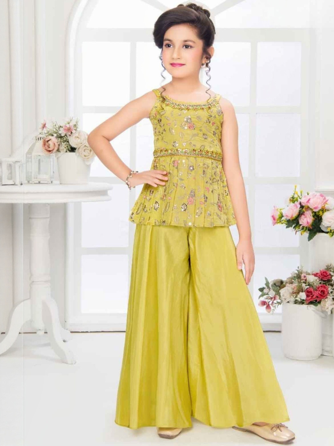 Lagorii Girls Zari Embroidery With Sequins Work Palazzo Set - Mustard