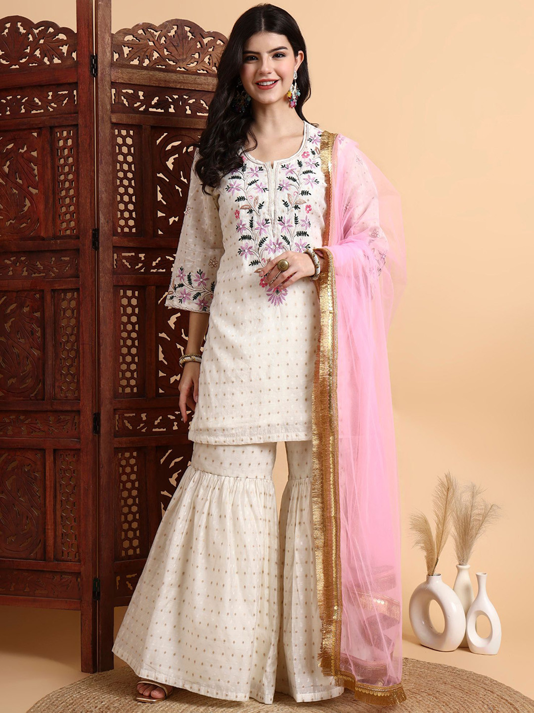 House of Pataudi Polka Dots Woven Design Embroided Chanderi Silk Zradosi Kalidar Kurta Set