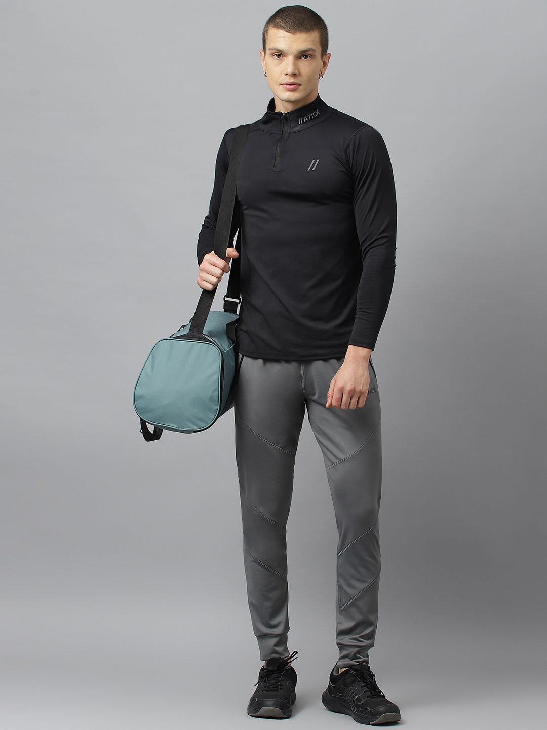 ATICX Men Mandarin Collar Pockets Compression T-shirt