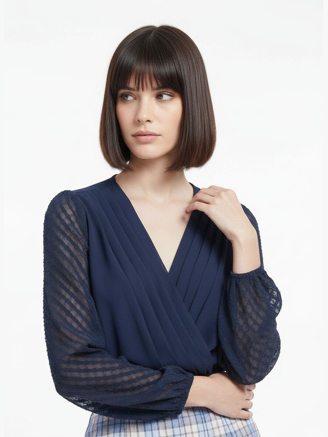 DressBerry Pleated Sheer Dobby Sleeves Plunging V-Neck Wrap Bodysuit