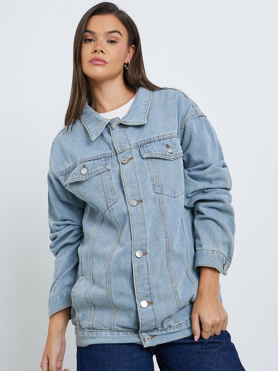 Styli Spread Collar Oversized Denim Jacket