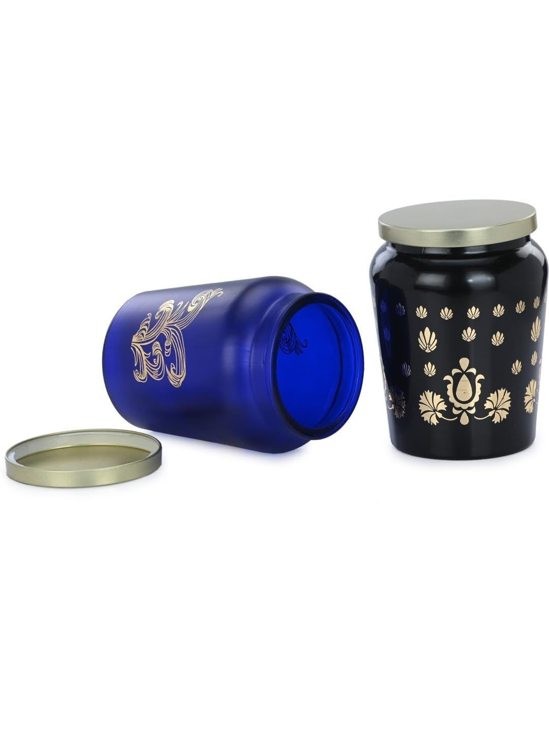 1ST TIME Blue And Black 3 Pieces Floral Printed Glass Jars