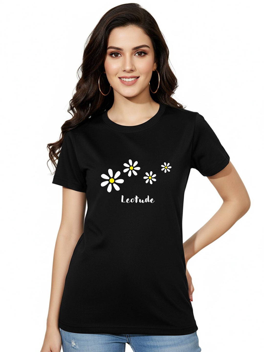 Leotude Women Floral Printed Round Neck Cotton T-shirt