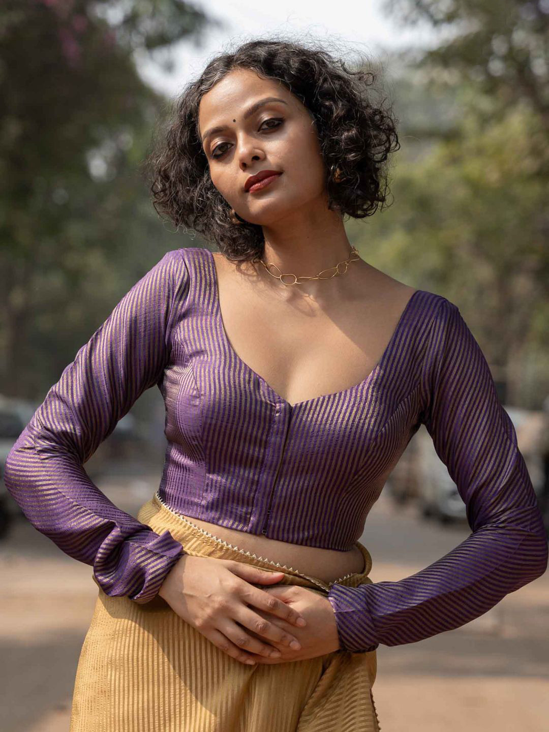 Suta Purple Striped Silk V-Neck Habotai Saree Blouse