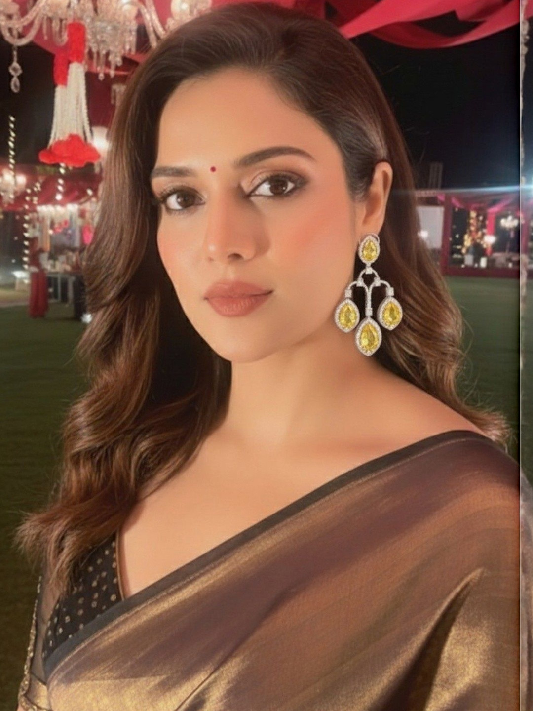 AURAA TRENDS Gold-Plated Crystals Studded Chandelier Teardrop Shaped Drop Earrings