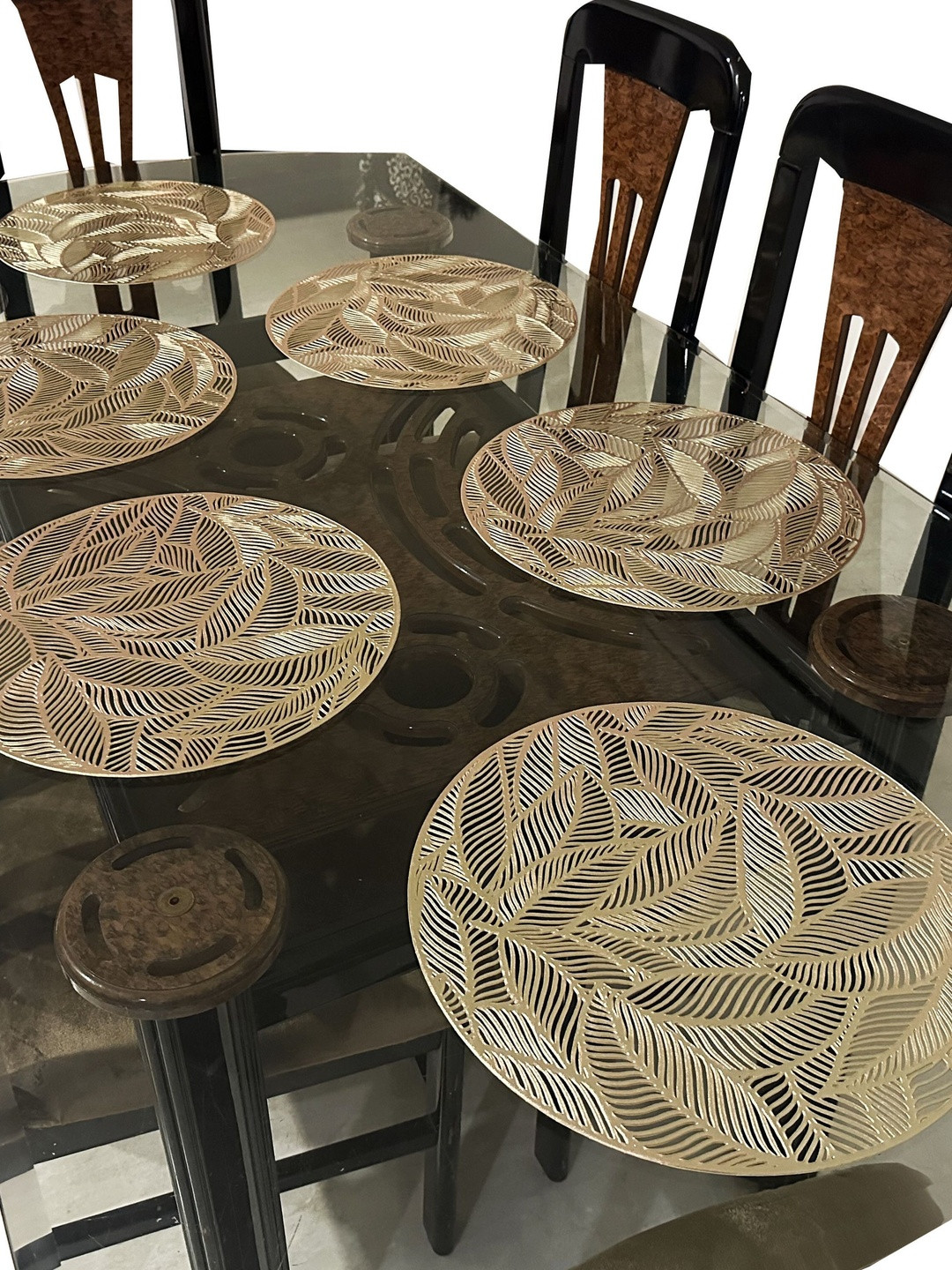 LaVichitra Pack Of 6 Gold Leaves Round Table Placemats