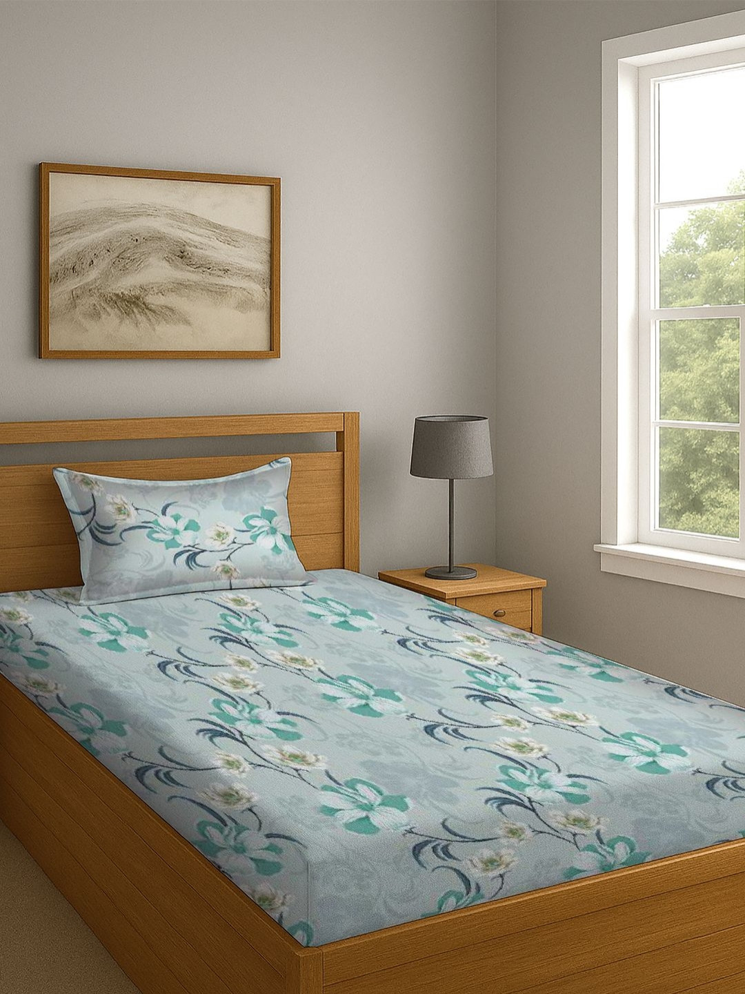 BOMBAY DYEING Sea Green Floral Printed 120 TC Single Bedsheet Set 1.50 m x 2.24 m