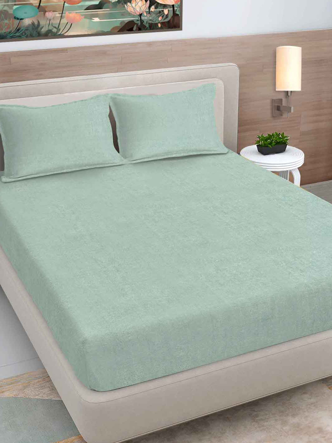 FABINALIV Green 300 TC Woollen King Size Fitted Double Bedsheet with 2 Pillow Covers