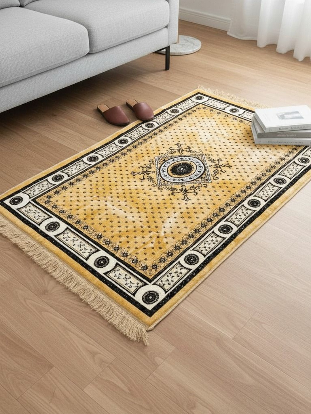 Signature Gold-Toned Ethnic Motifs Anti-Skid Polyester Carpet