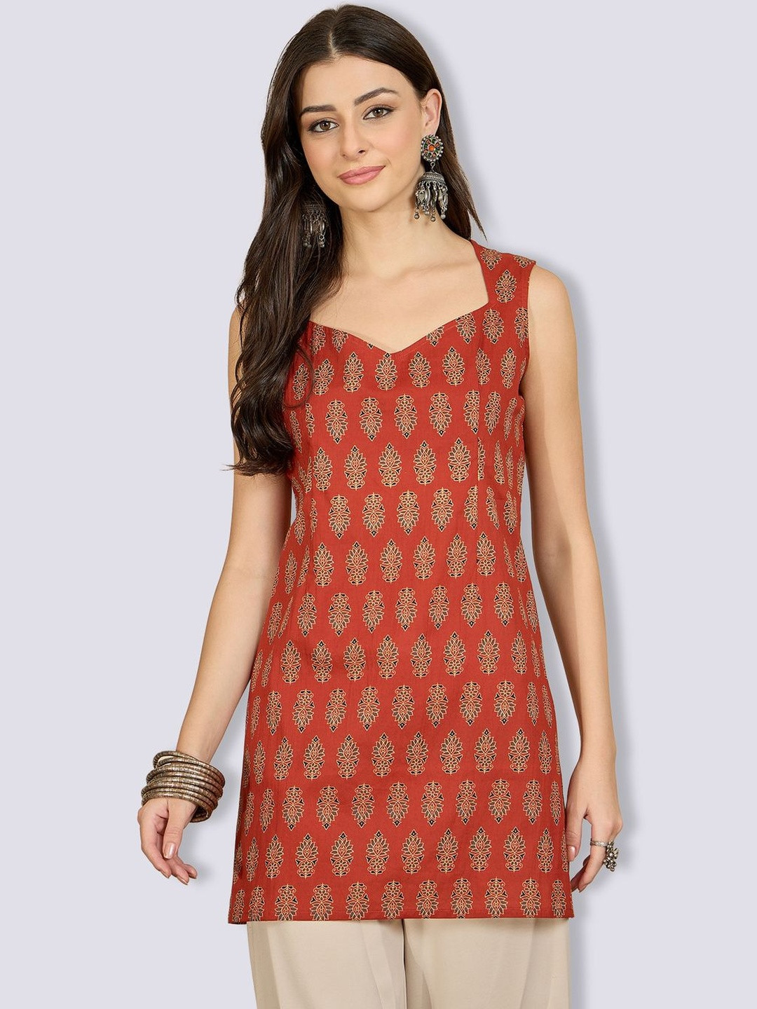 VANSIRI Women Printed Sweetheart Neck Ethnic Cotton Top