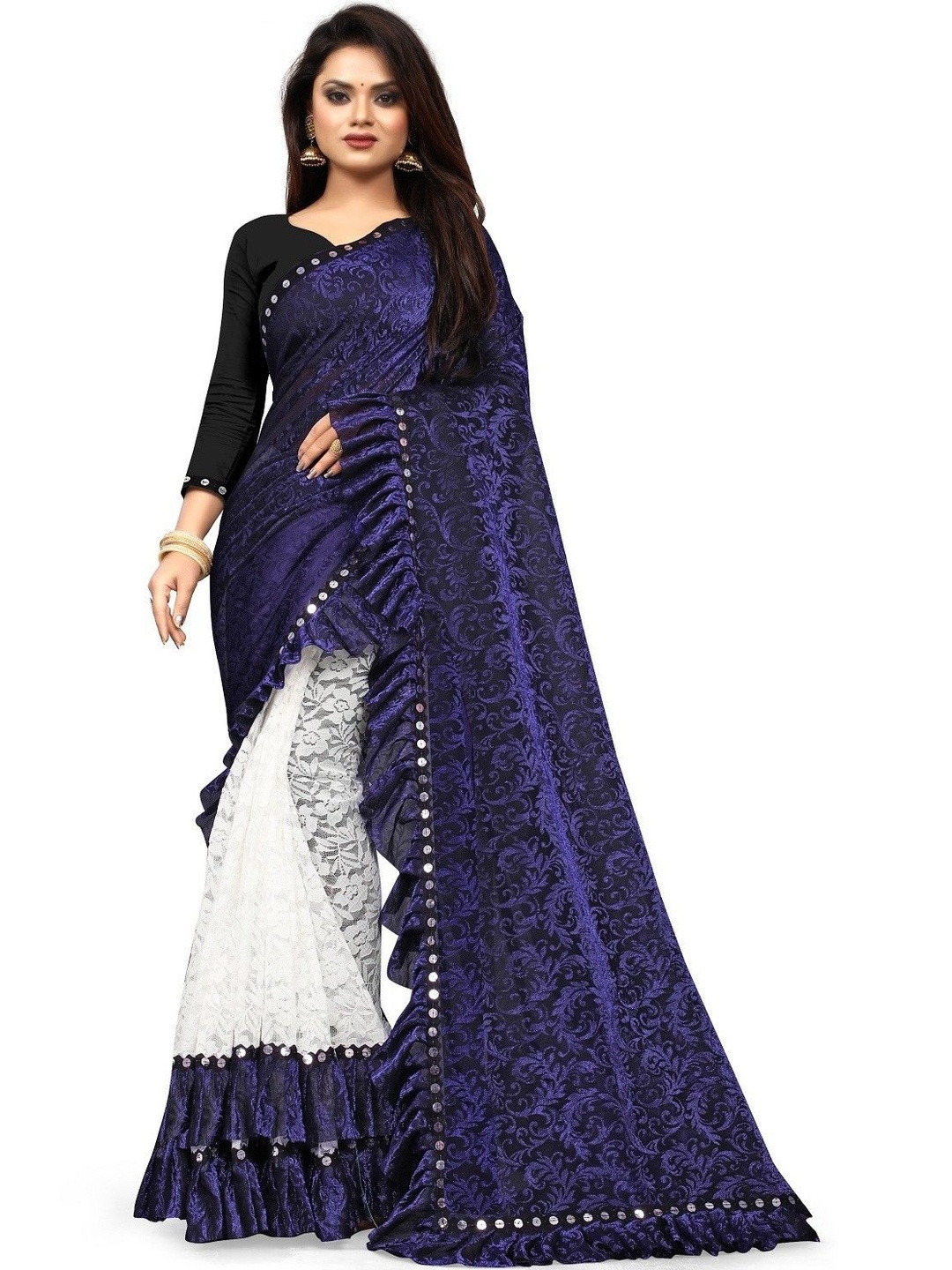 fashion field Woven Design Sequinned Ruffles Saree