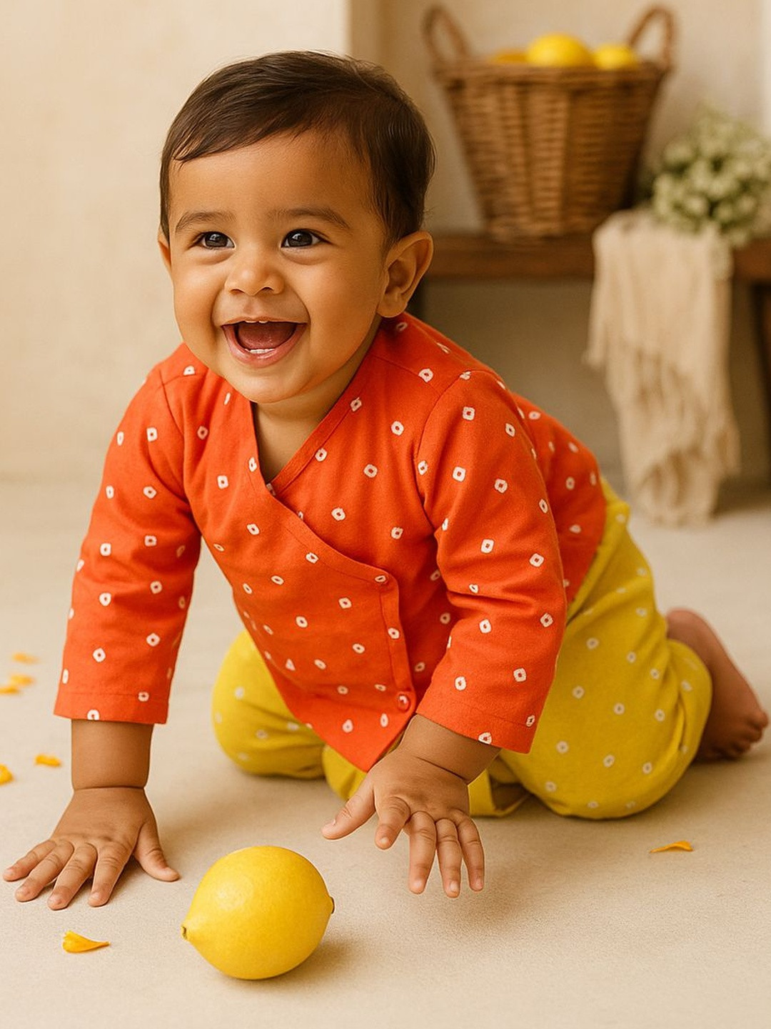 Somersault Boys Bandhani Printed V-Neck Pure Cotton Kurta with Dhoti Pants