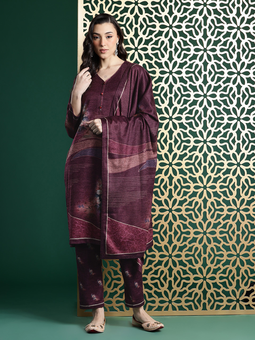 Cayman Floral Woven Design Pure Wool Straight Kurta with Trousers & Dupatta