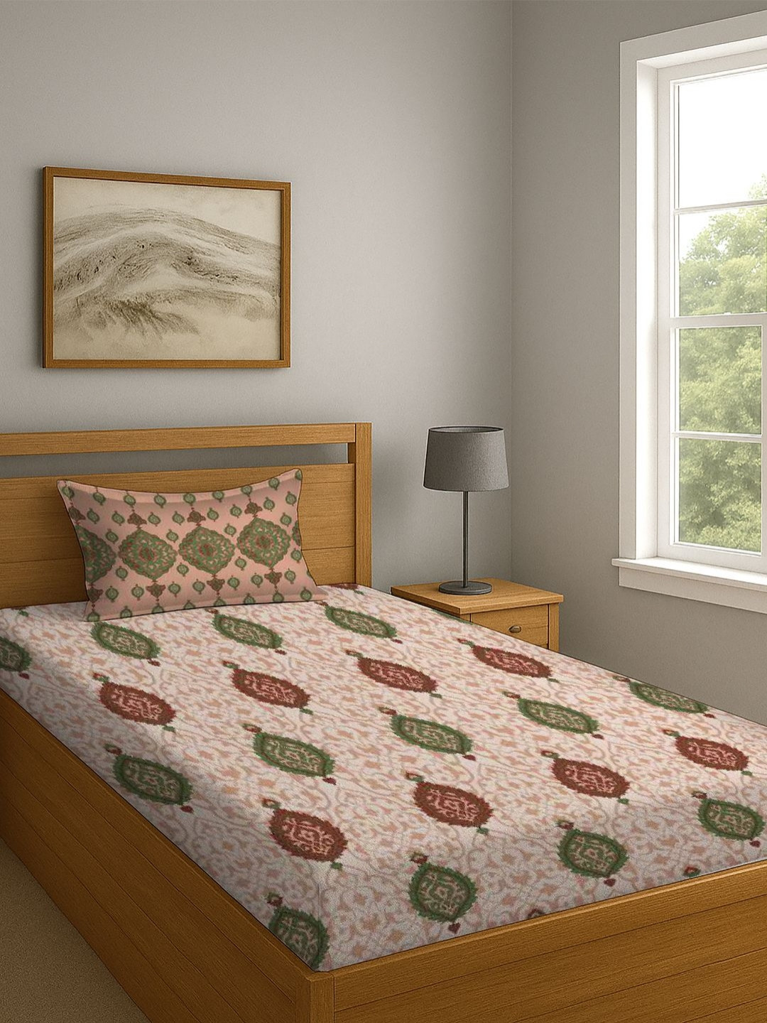 BOMBAY DYEING Brown Green Motifs Printed 104 TC Cotton Single Bedsheet Set 1.40 m x 2.24 m