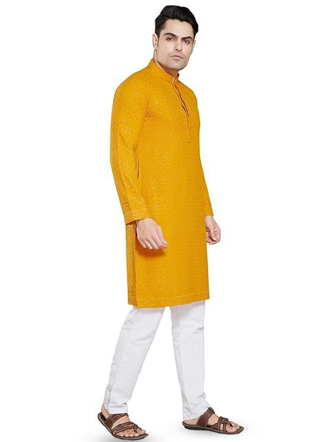 trutsous Floral Embroidered Mandarin Collar Thread Work Straight Cotton Kurta