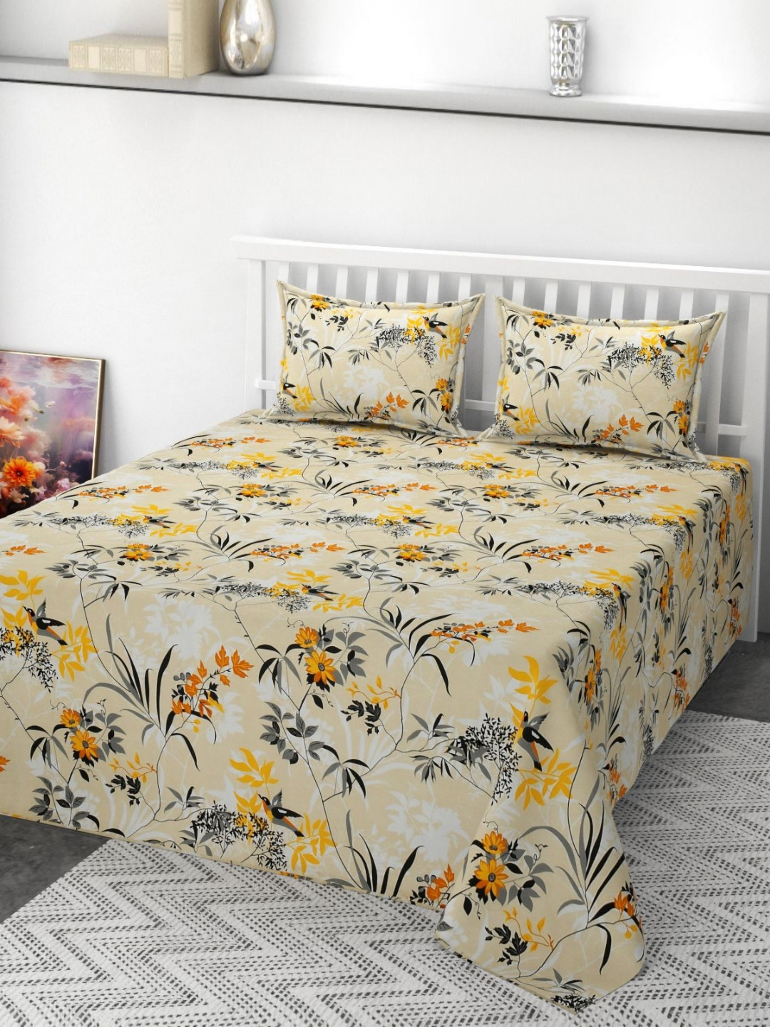 GEET CREATIONS Beige & Yellow Floral Printed 210 TC Queen Bedsheet Set 2.51 m x 2.28 m