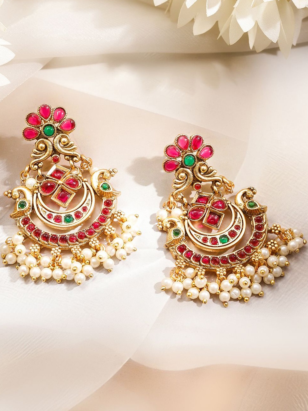 Rubans 22K Gold-Plated Kundan Studded & Pearls Beaded Crescent Shaped Chandbalis