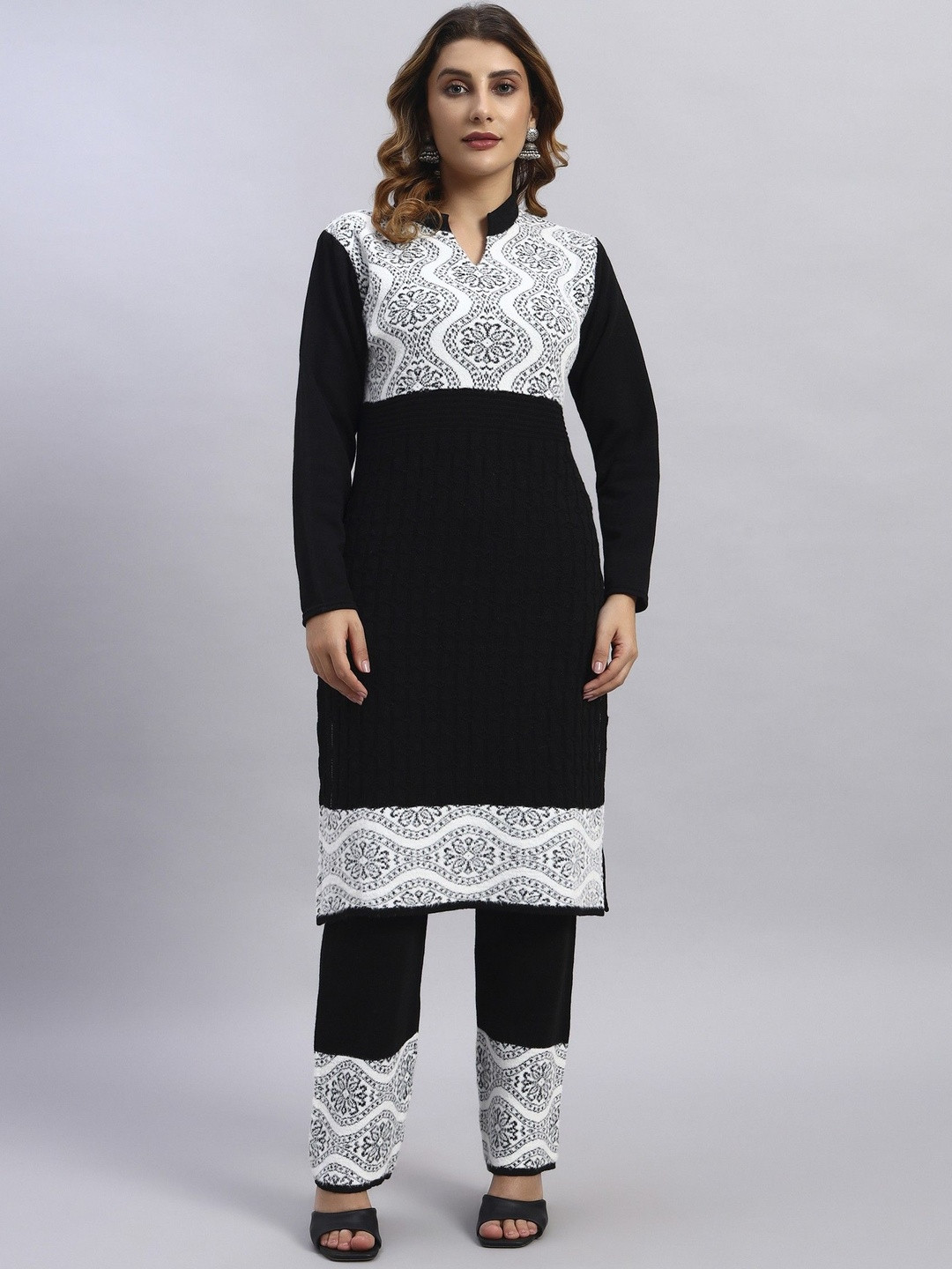 ZEPPI Women Black & White Embroidered Mandarin Collar Woolen Blend Kurta & Palazzos