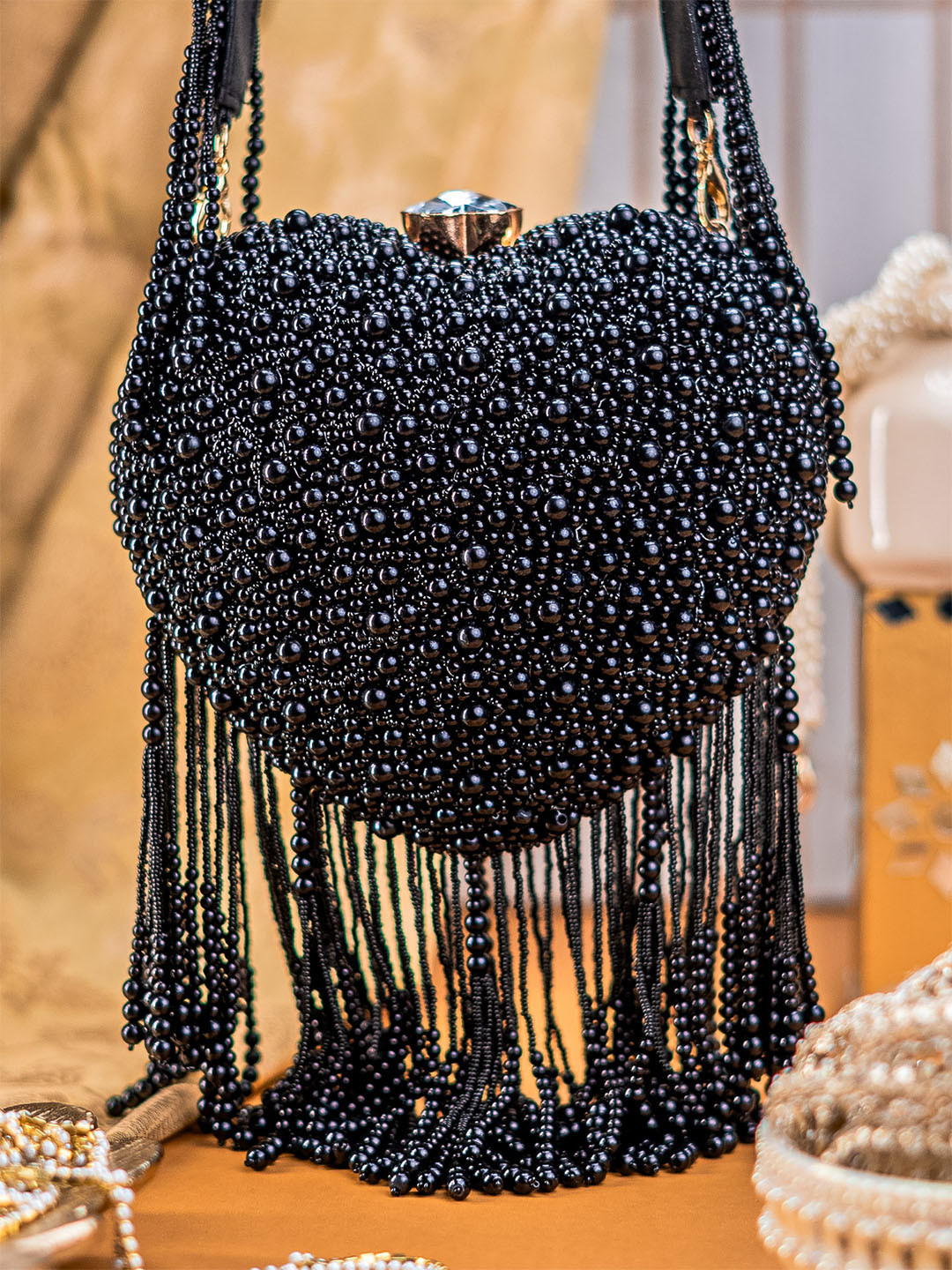 NR By Nidhi Rathi All-Over Pearl Heart-Shaped Embellished Box Clutch