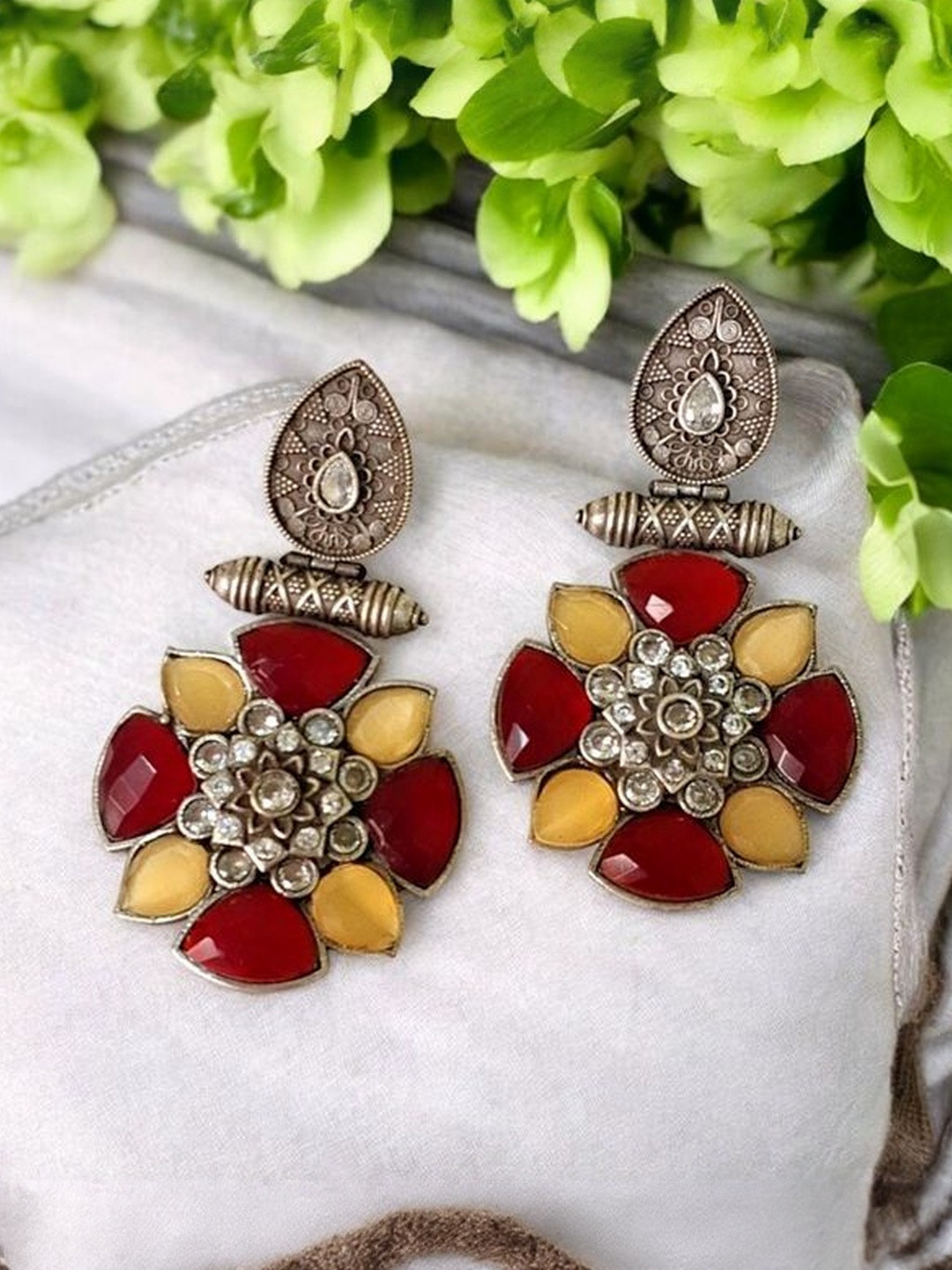 INDIAURA MODE Silver-Plated Artificial Stones Studded Oxidised Floral Drop Earrings