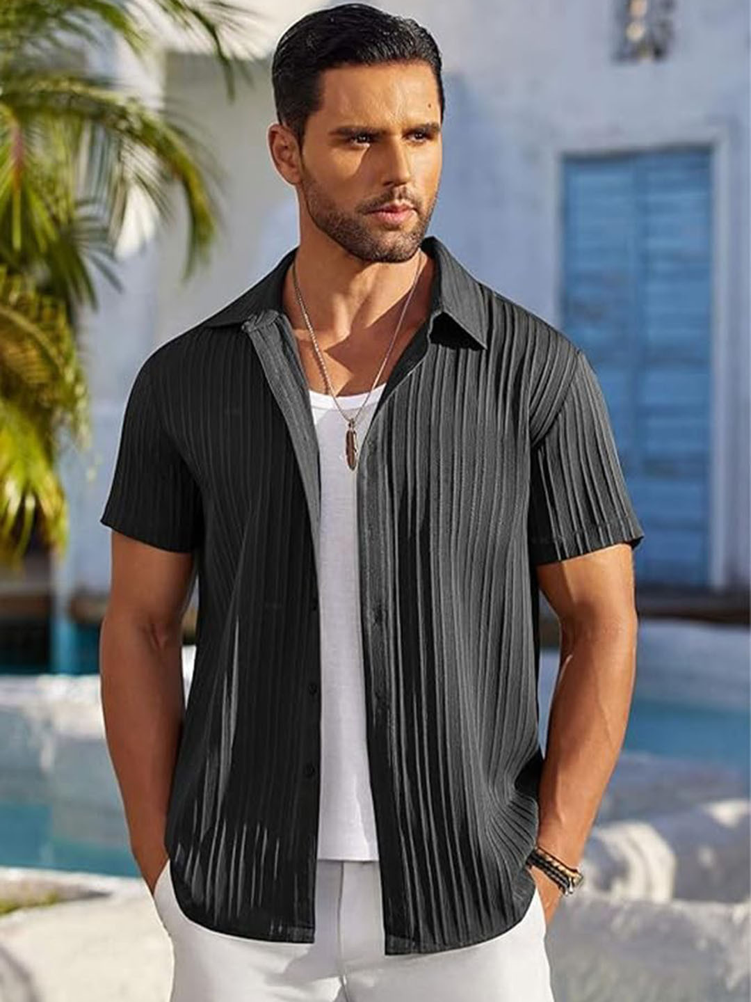 CB-COLEBROOK Men Textured Spread Collar Linen Casual Shirt