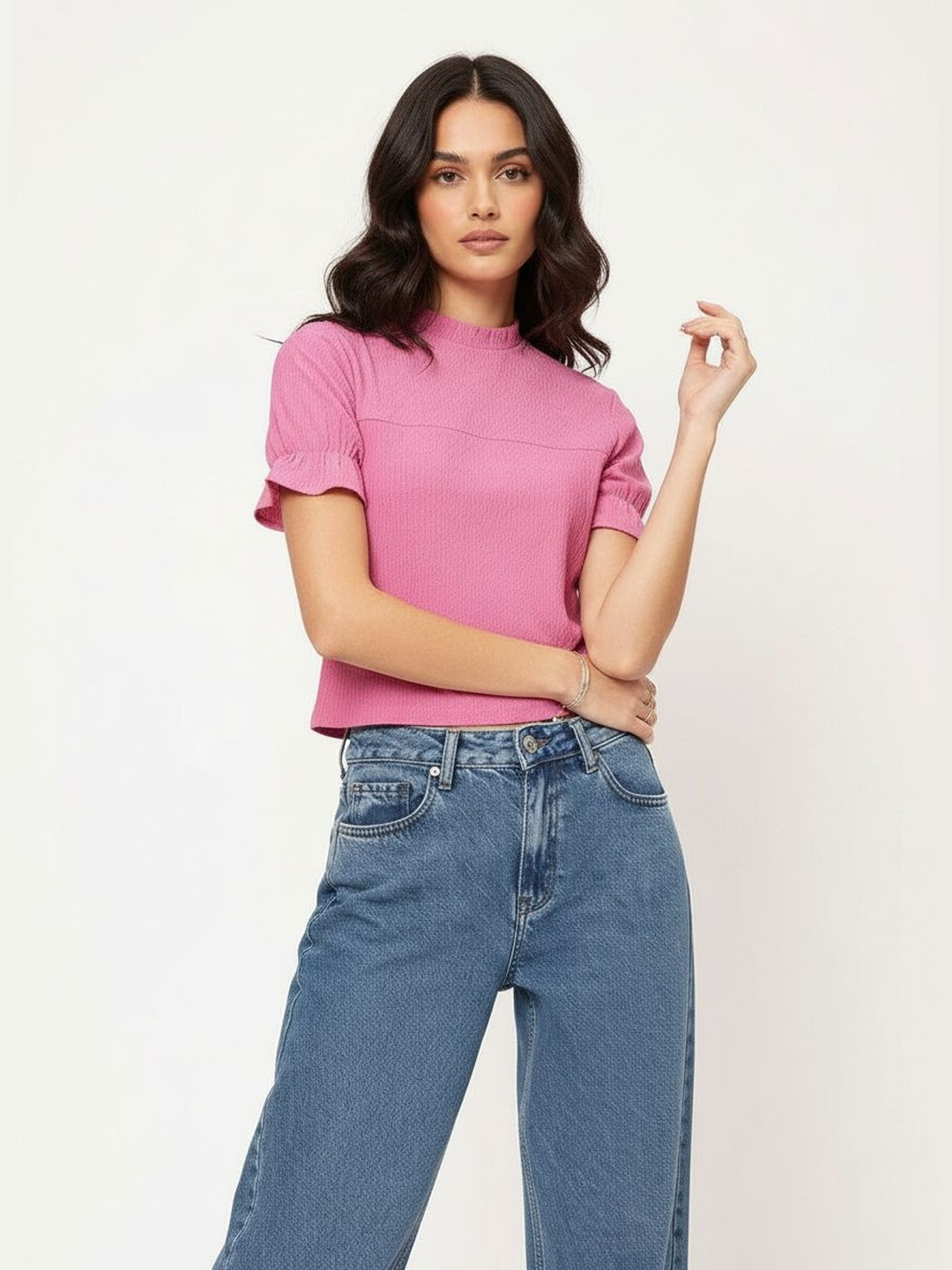 DressBerry Cuteness Overloaded Textured Short Bell Sleeve Top