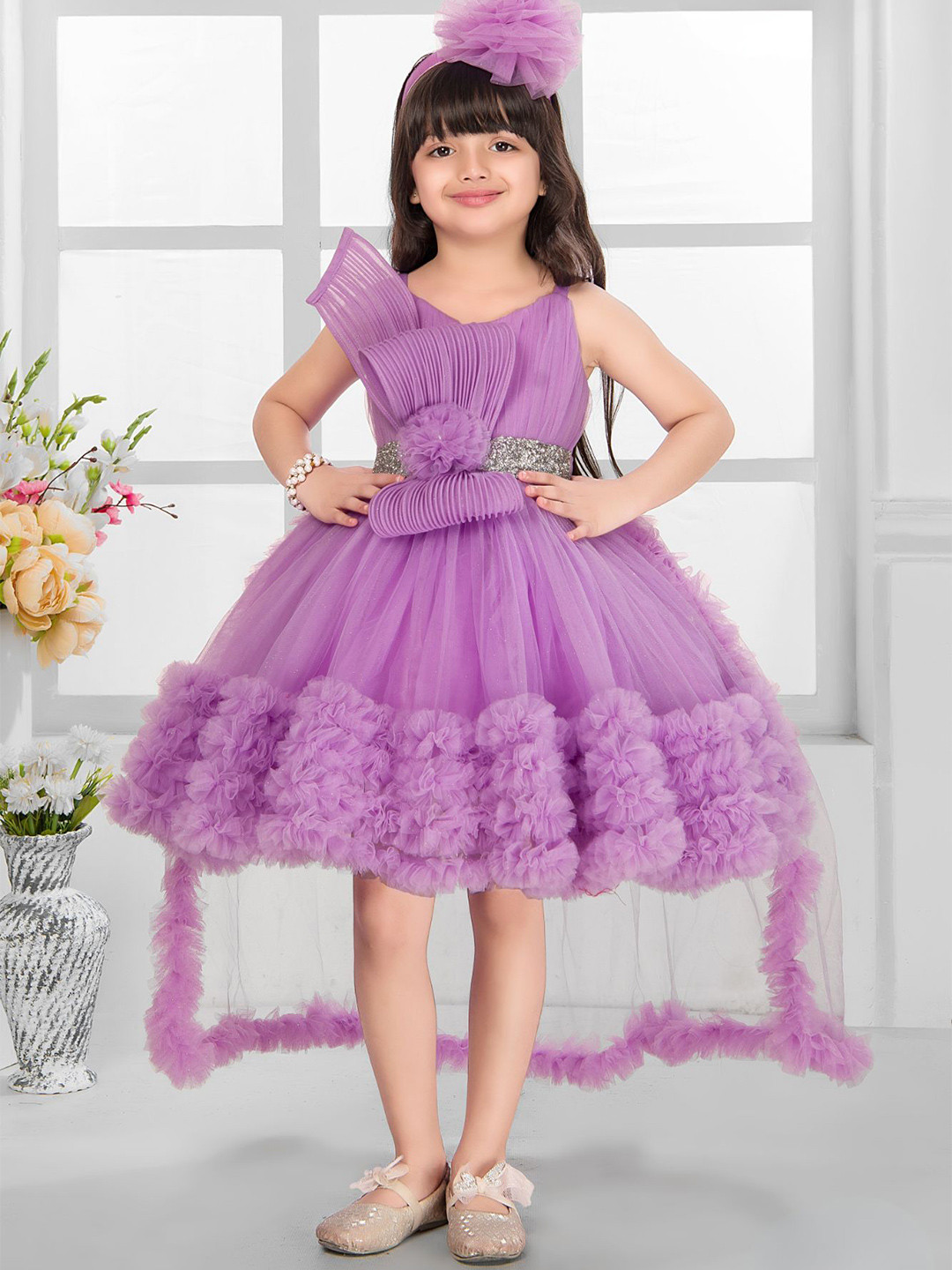 Lagorii Girls Lavender Embellished Gown with Pleated Bodice and 3D Ruffle Hemline