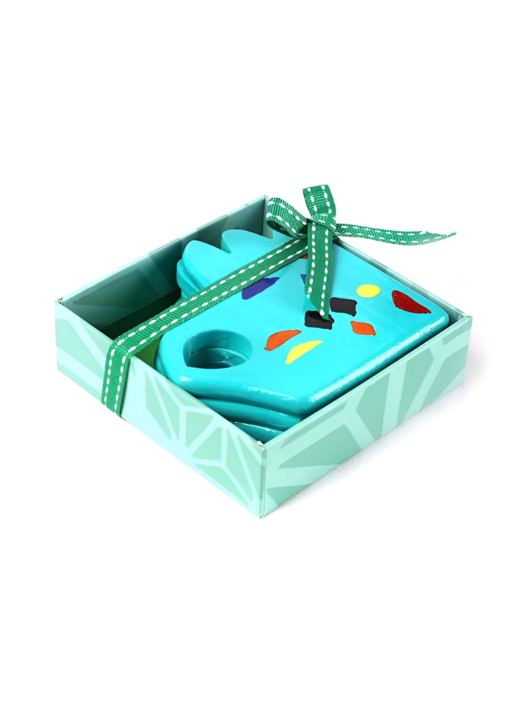 FREEDOM TREE Turquoise Blue & Black Okey Doke 4 Pieces Wooden Coasters