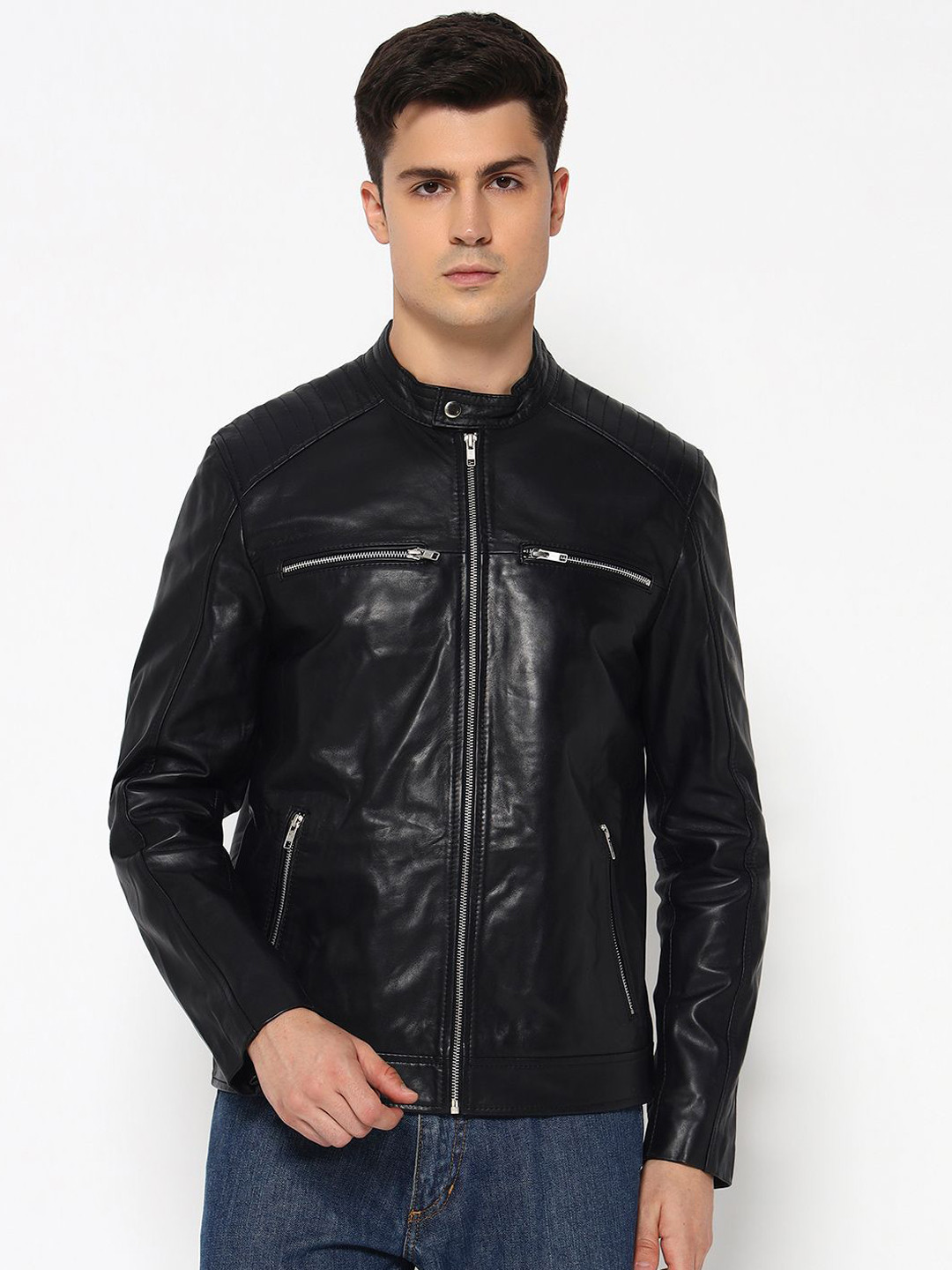 MaheTri Men Mandarin Collar Adventure Black Leather Biker Jacket