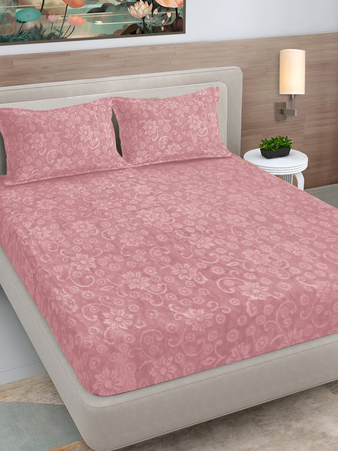 FABINALIV Peach-Coloured Floral 300 TC Woollen King Size Fitted Bedsheet & 2 Pillow Covers