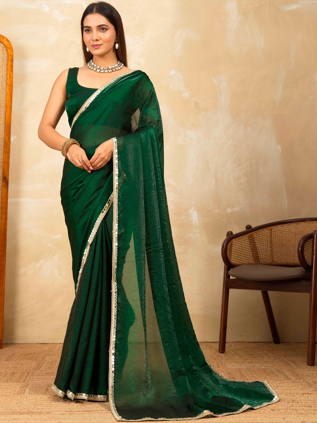 HOUSE OF MIRA Solid Mirror Work Saree With Unstitched Blouse