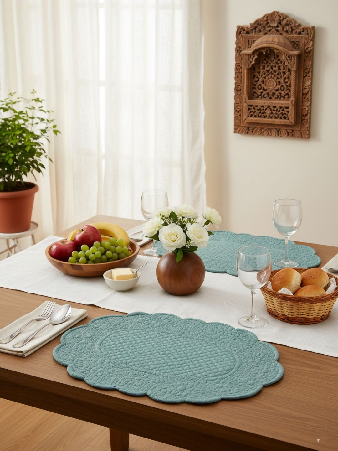DESIGN GAATHA Sea Green 2 Pieces Ethnic Motifs Quilted Pure Cotton Oval Table Placemats