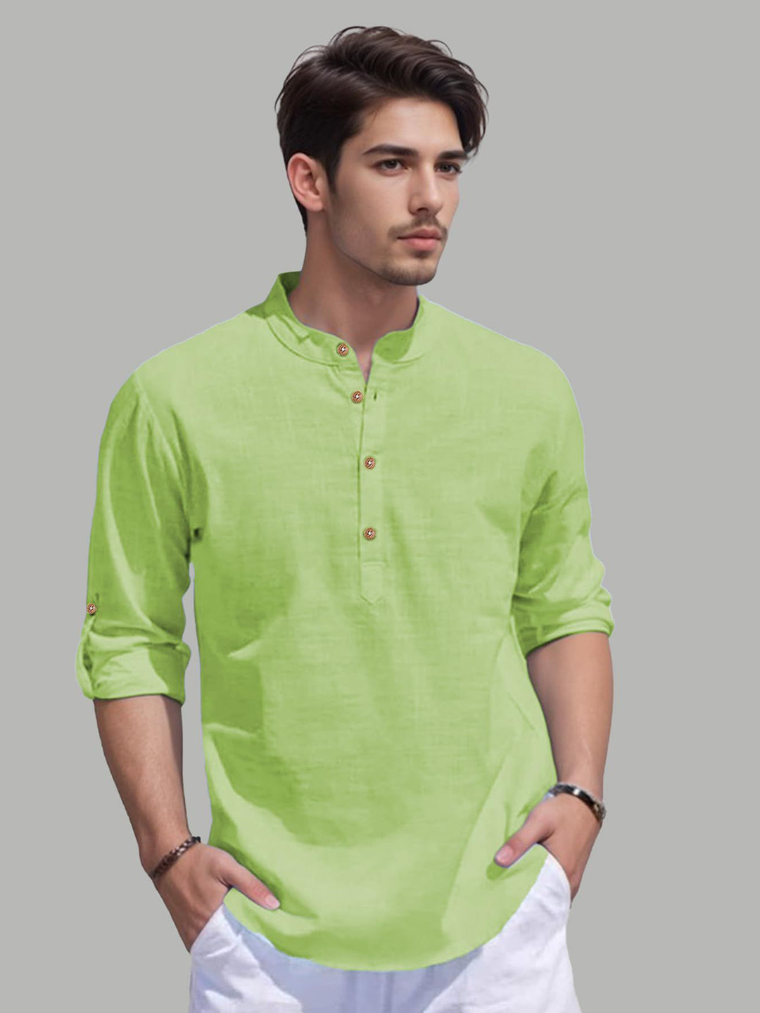 EdinWolf Round Neck Roll-Up Sleeves Straight Short Kurta