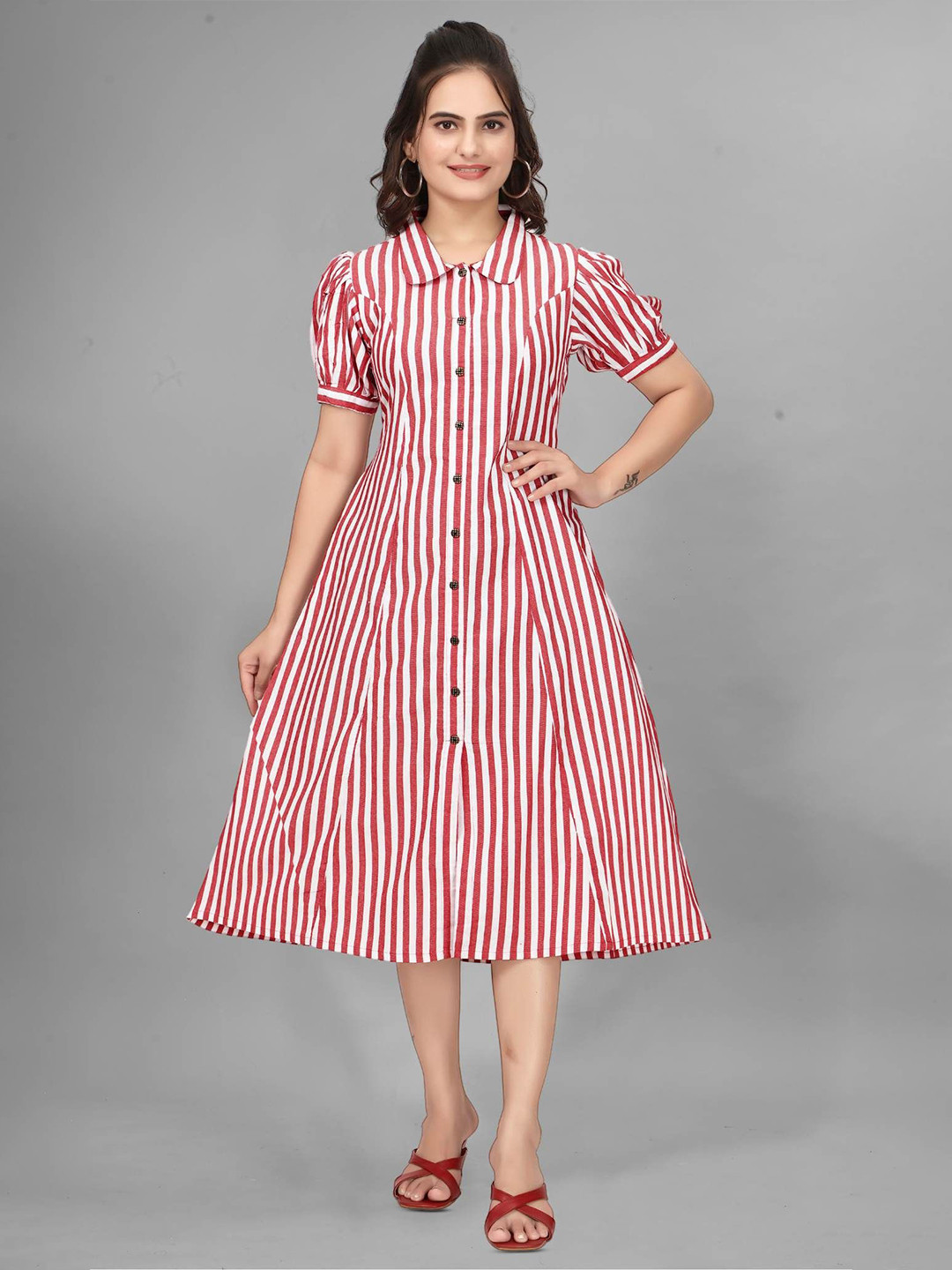 QENA Women Cotton Striped Puff Sleeve Fit & Flare Dress