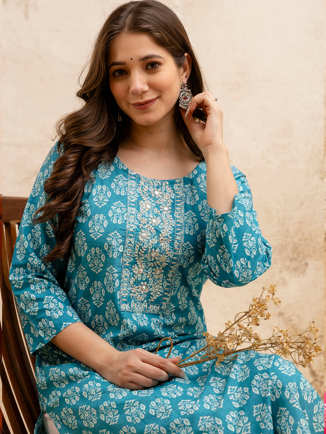 SURHI Floral Printed Mirror Work Round Neck Straight Pure Cotton Kurta