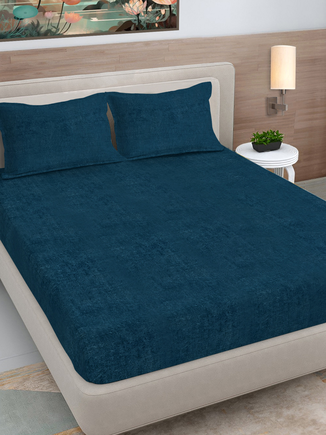 FABINALIV Rama Turquoise Blue Wool 300 TC Fitted King Fine Bedsheet with 2 Pillow Covers-98 x 89 inches