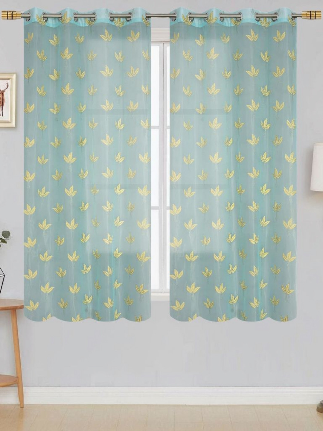 Aura Turquoise Blue & Beige 2 Pieces Floral Net Sheer Window Curtains