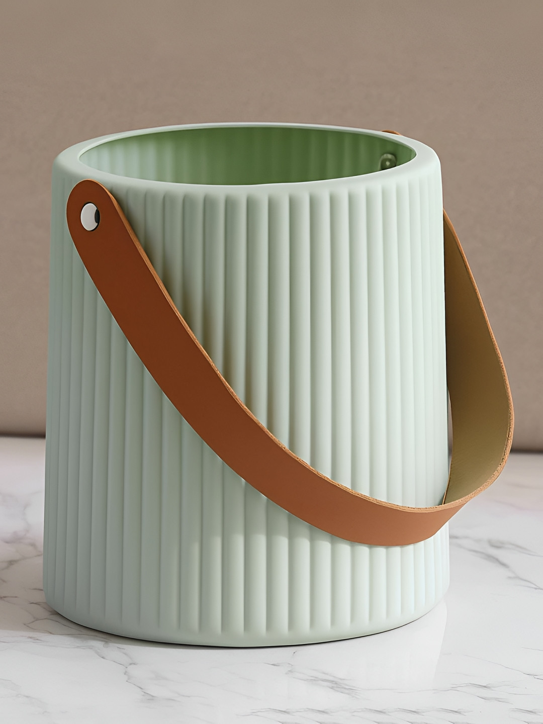 Ascension Green & Brown Striped Design Flower Vase With Faux Leather Handle