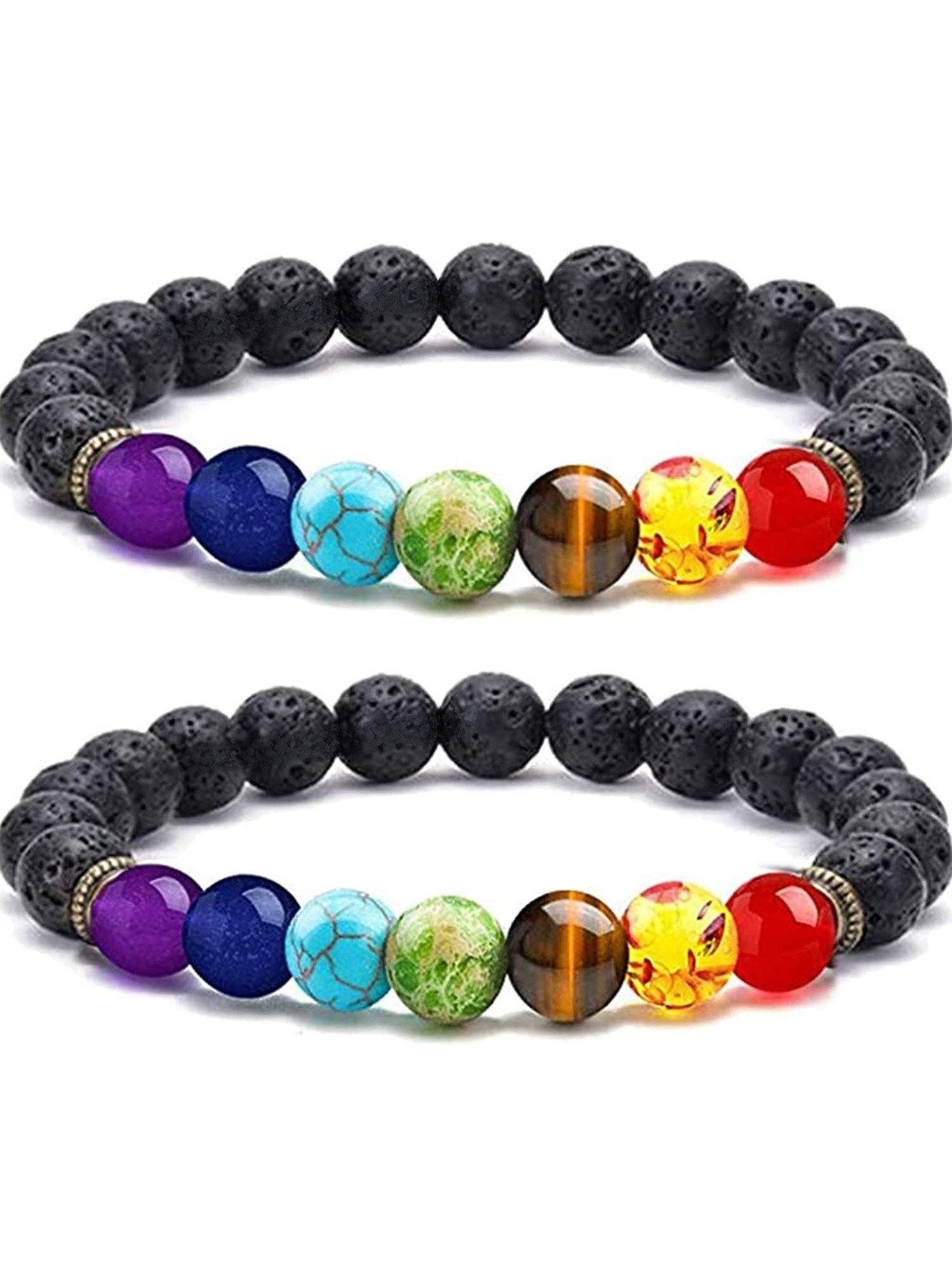 SENROAR Unisex Set Of 2 Crystals Beaded Lava 7 Chakra Elasticated Bracelets