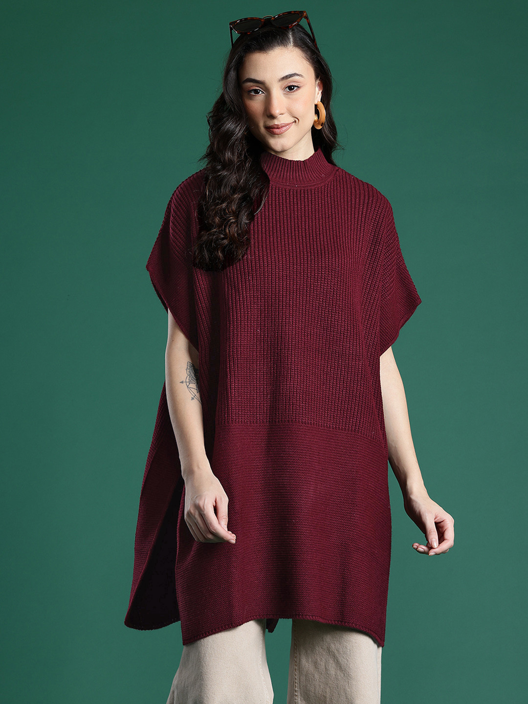 Cayman Ribbed High Neck Woolen Longline Poncho