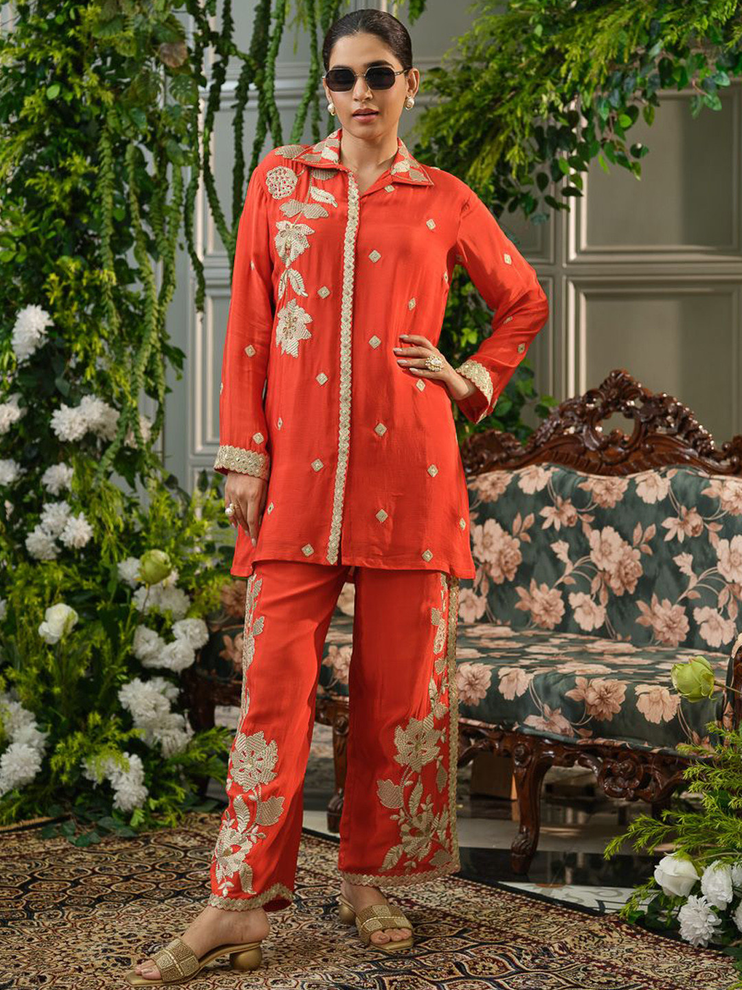 House of Pataudi Embroidered Long Sleeves Tunic & Palazzo Co-Ord Set