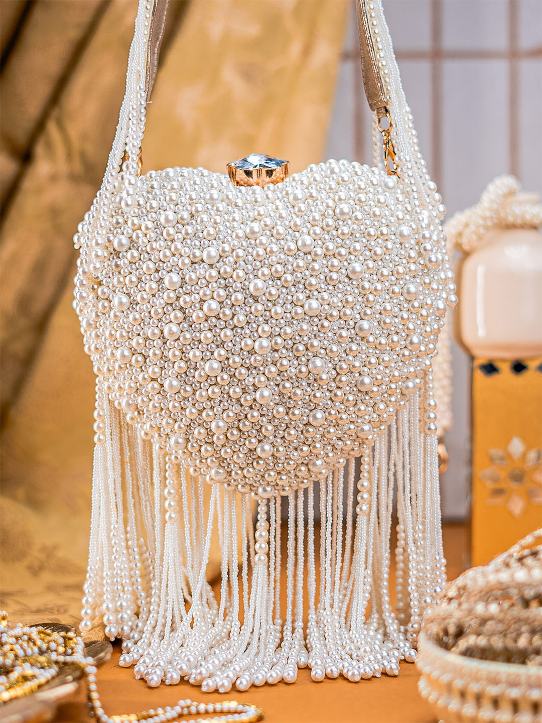 NR By Nidhi Rathi Embellished All-Over Pearl Heart-Shaped Box Clutch