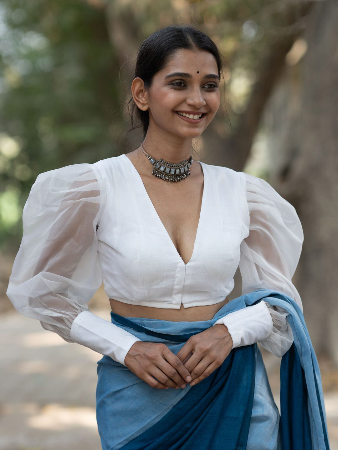 Suta Women White Long Ciffed Sleeves V-Neck Organza Saree Blouse