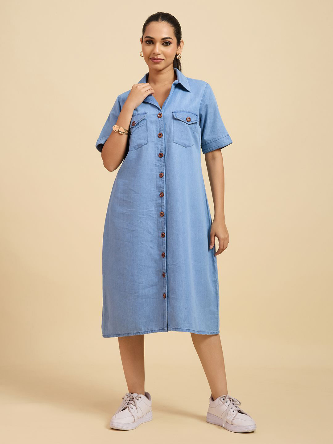 Komarri U Women Denim Shirt Midi Dress With Utility Pockets