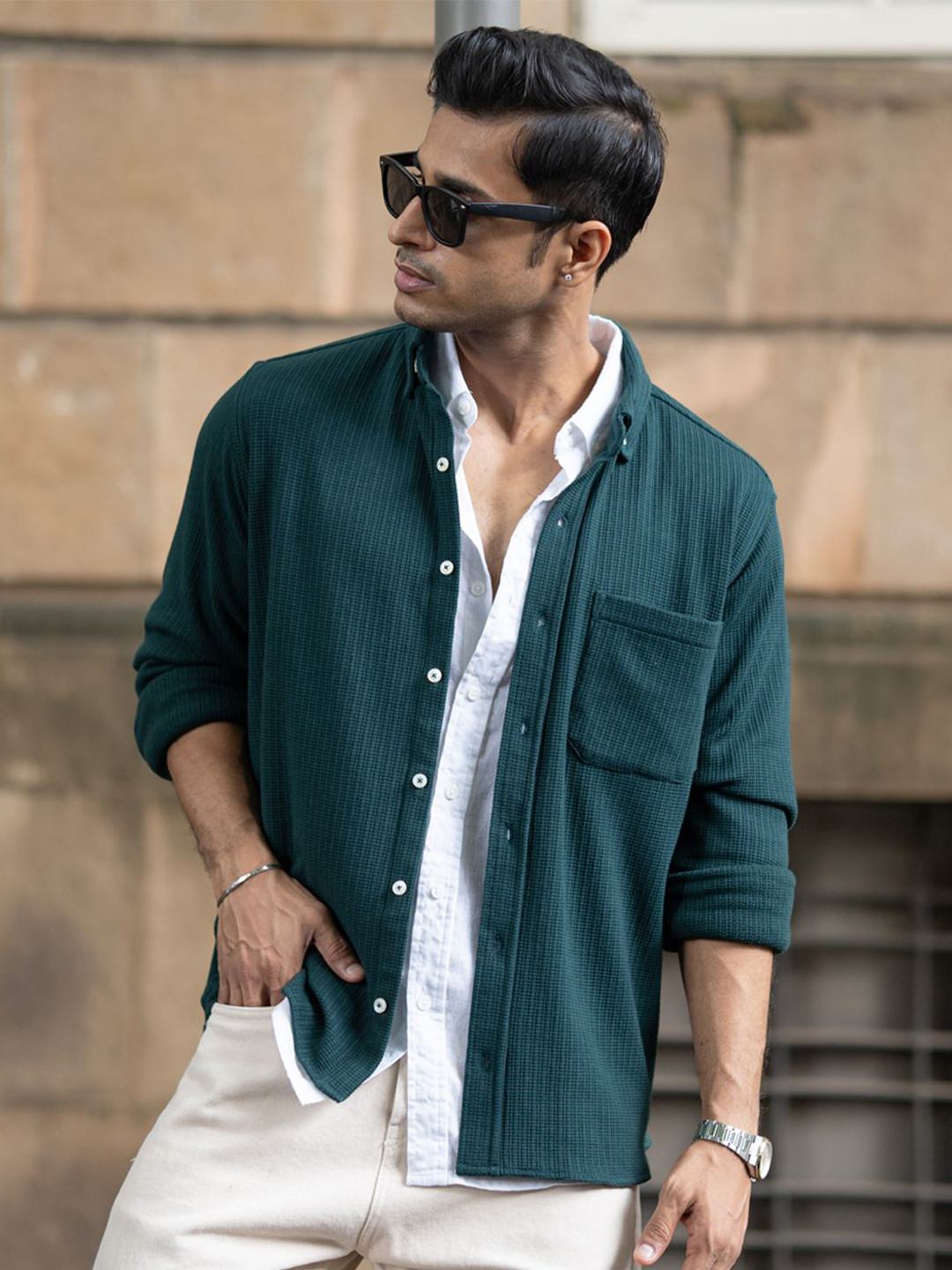 Powerlook Men Pine Textured Knit Spread Collar Long Sleeves Casual Shirt