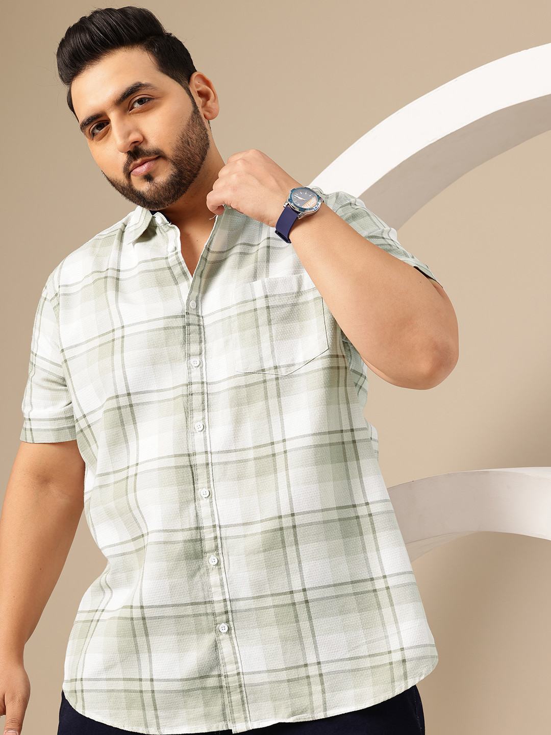 Sztori Plus Size Grid Tattersall Checks Pure Cotton Cutaway Collar Regular Fit Shirt