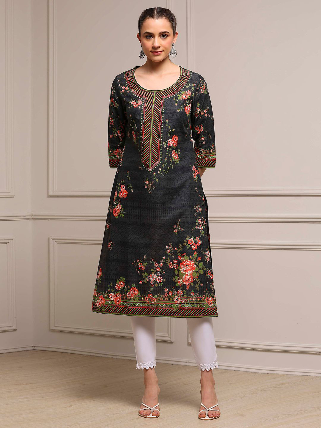Biba Women Floral Printed Scoop Neck Cotton A-Line Kurta