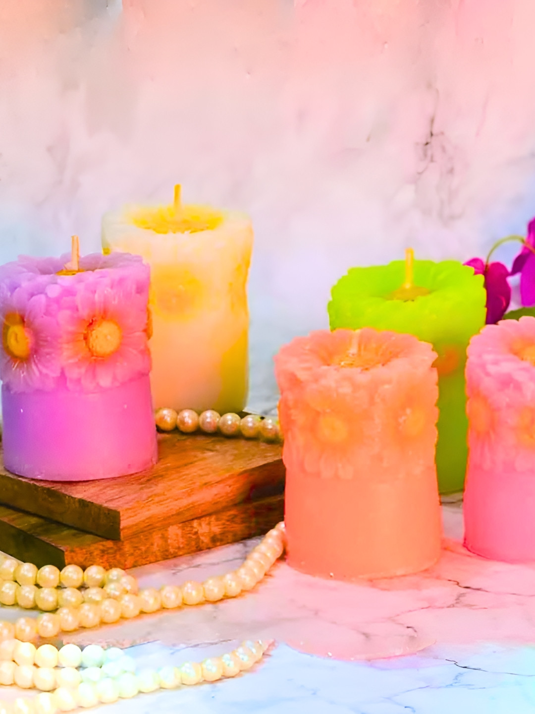 Special You Pink & Green 5 Pieces Flower Shaped Pillar Scented Candle