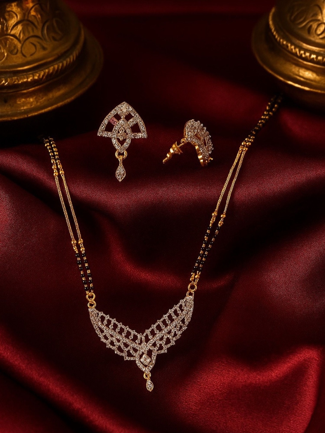 Digital Dress Room Gold-Plated Studded V Shaped Mangalsutra With Earrings